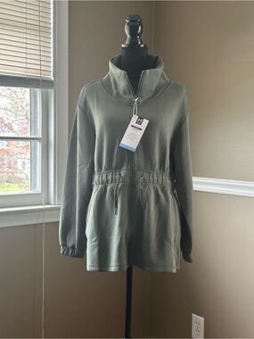 High-Neck Olive Utility Zip Jacket with Drawstring Waist